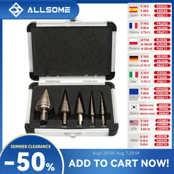 ALLSOME 5pcs Metric/Inch Hss Cobalt Step Drill Bit Set Multiple Hole 50 Sizes with Aluminum Case