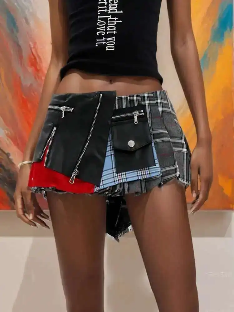 2026 Fashion Trendy Women's Patchwork Plaid Design Pleated Mini Skirts 2024 Summer New High Waist A-line Skirt Female A6WS