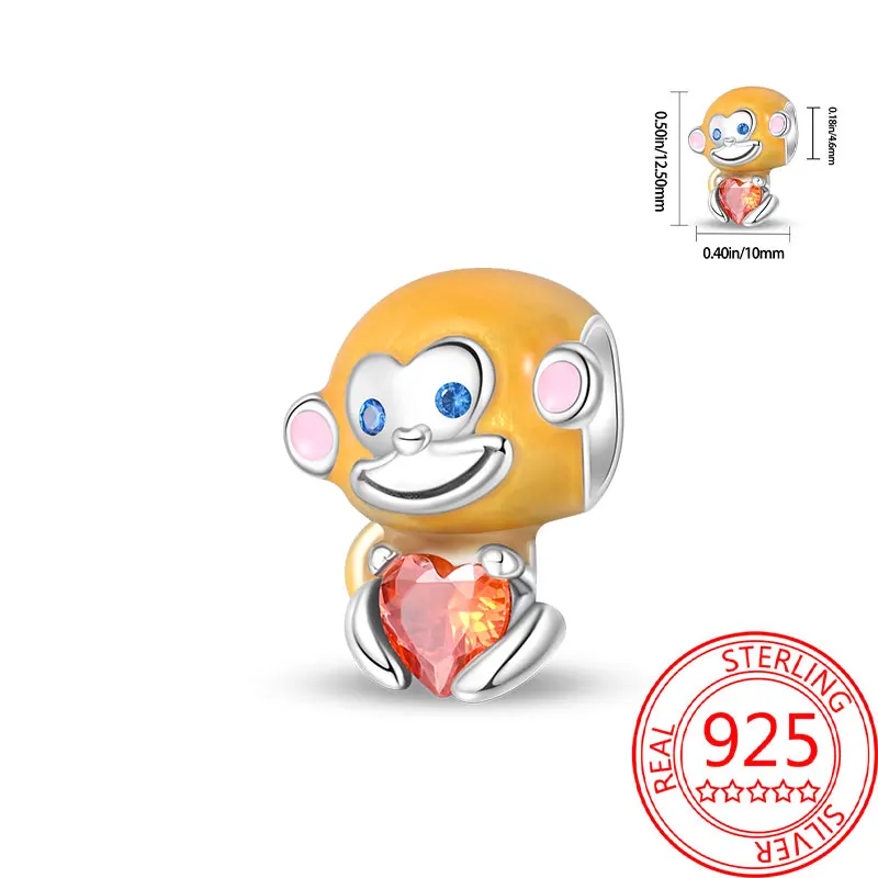 

Original 925 Sterling Silver Charms Luxury Yellow Monkey Heart Animal Beads Fit Bracelet Diy Women Making Delicate Gift