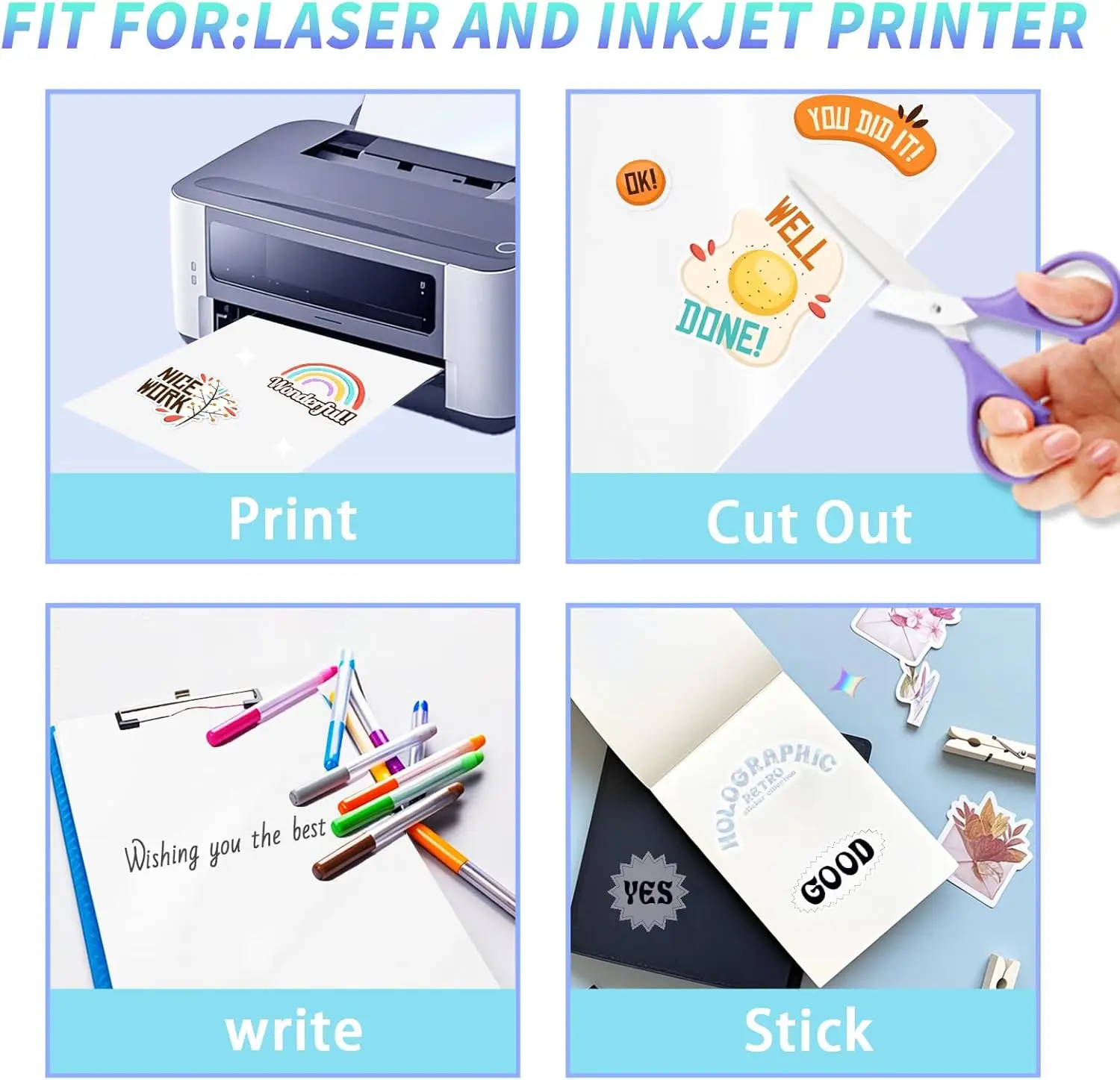 10 Sheets A4 Clear Printable Vinyl Sticker Paper for Inkjet Printer Non-Waterproof Sticker Paper