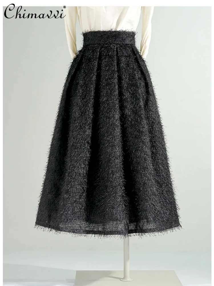 

French Elegant Hepburn Style Retro High Waist A-line Furry Skirt Fashion Commuter Pocketed Pleated Long Skirts Women 2026 Spring
