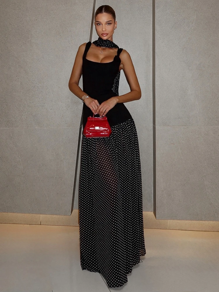 Sukienki maxi w kropki dla kobiet, odzież, eleganckie sukienki bez rękawów z wstążką, streetwear, długa suknia damska.
