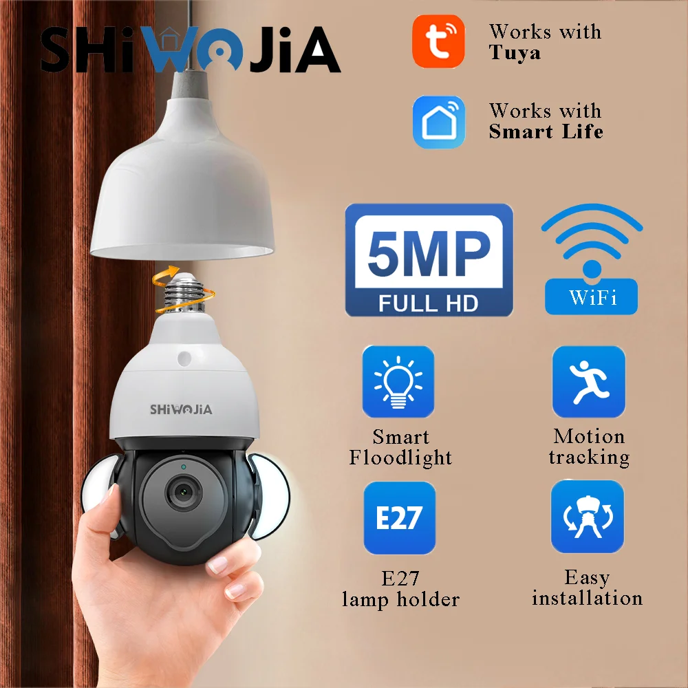 SHIWOJIA 5MP E27 PTZ Wireless Light Camera Home Indoor Video Surveillance Tuya Smart Floodlight Security Cam Motion Tracking