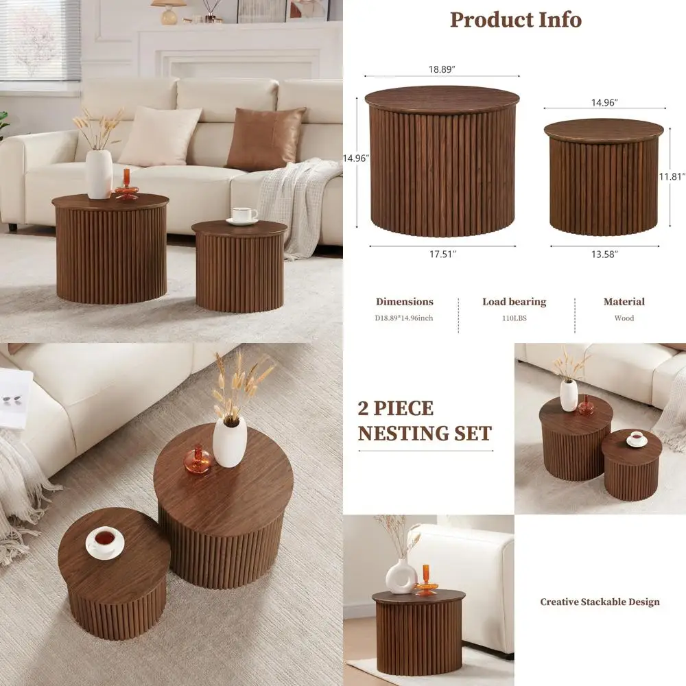 

Mid Century Modern Fluted Coffee Table Set, 2-Piece Small Circular Nesting Tables in Wood