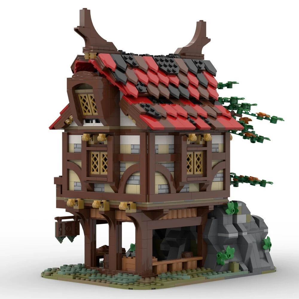 Oriental Fantasy Mountain Inn Building Block Toy With Red Roof And Rock Base Interlocking Brick Set For Adult Collector Desktop