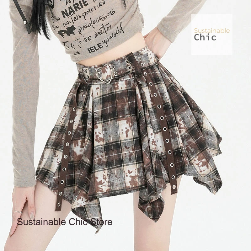 American plaid retro old spice pleated skirt women's summer new fashion temperament irregular contrast plaid casual A-line skirt
