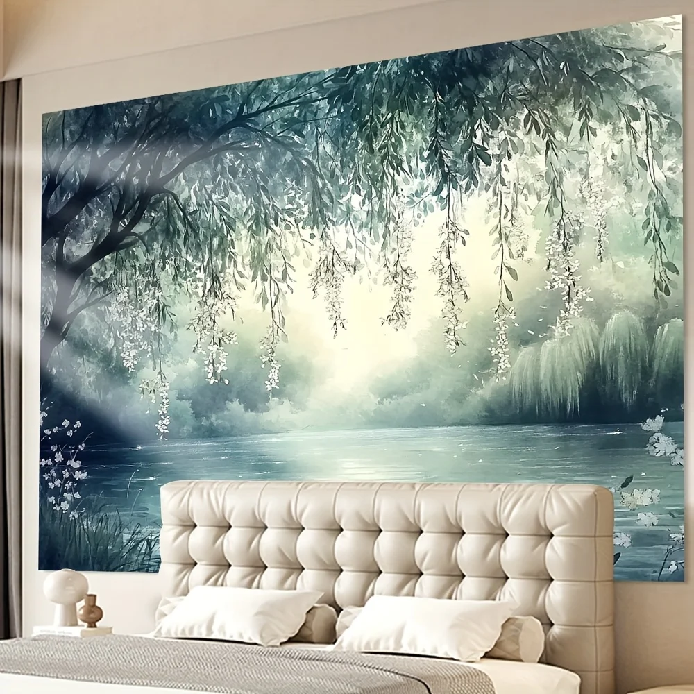 Watercolor Nature Tapestry Wall Hanging Forest Landscape Willow Tree Art Boho Room Decor Large Polyester Prints Misty Lake Scene