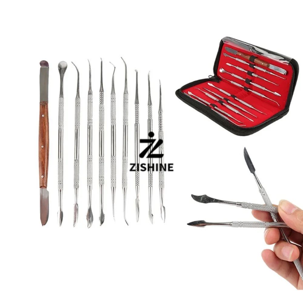 10Pcs Stainless Steel Dental Lab Wax Carver Tool Set Wood Handle Knife Double Ended Spatula Sculpting Kit with Protective Bag