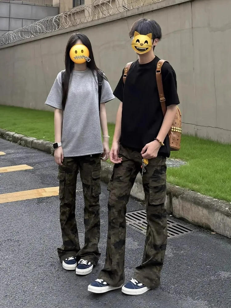 

Камуфляжные джинсы American High Street Vibe, мужские модные брендовые брюки с несколькими карманами, прямые расклешенные брюки