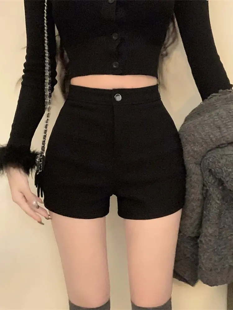 Pantaloncini a vita alta da donna Y2K Streetwear Sexy Nero Hip che abbraccia pantaloni caldi stretti Coreano Casual Inverno Autunno Elastico A-Line Peluche