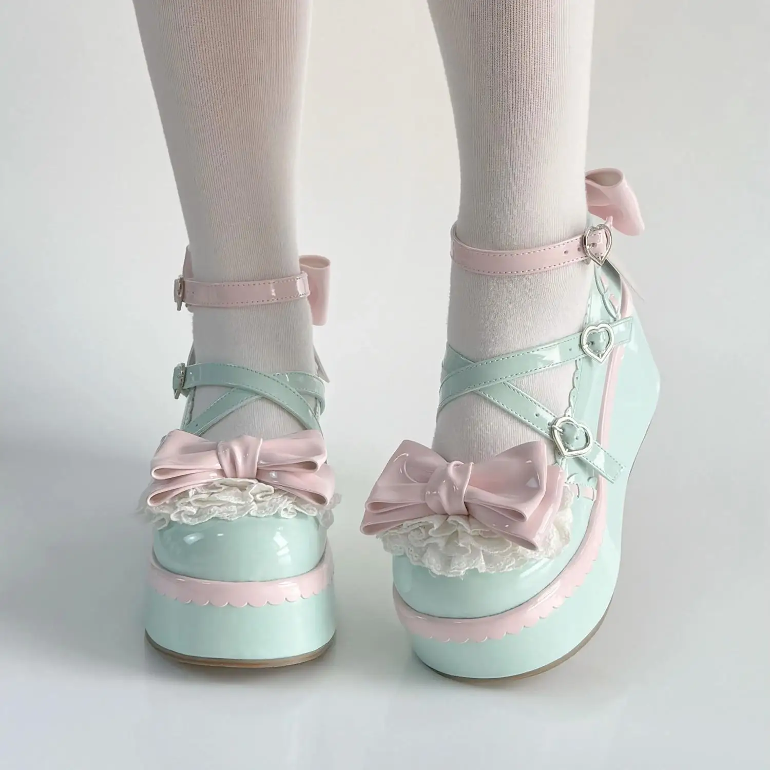 Sweet Lolita Style Girls Flat Platform ,Female Students Cute Bowknots Mary Jane Ankle Strap Elevator Shoes