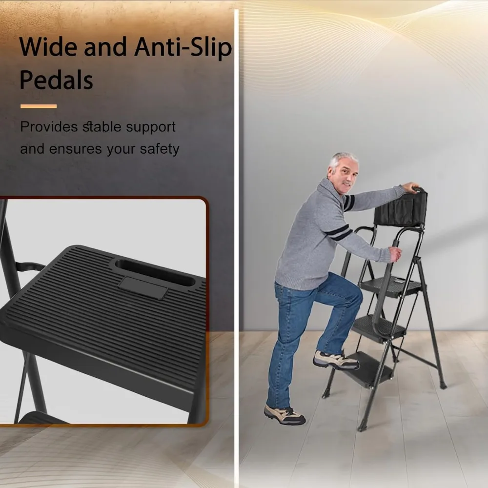 مقعد متدرج قابل للطي عالي التحمل مع دواسات واسعة مضادة للانزلاق، ودرابزين أمان، وسعة 500 رطل، وسلم من 3 خطوات للمنزل والورش #5