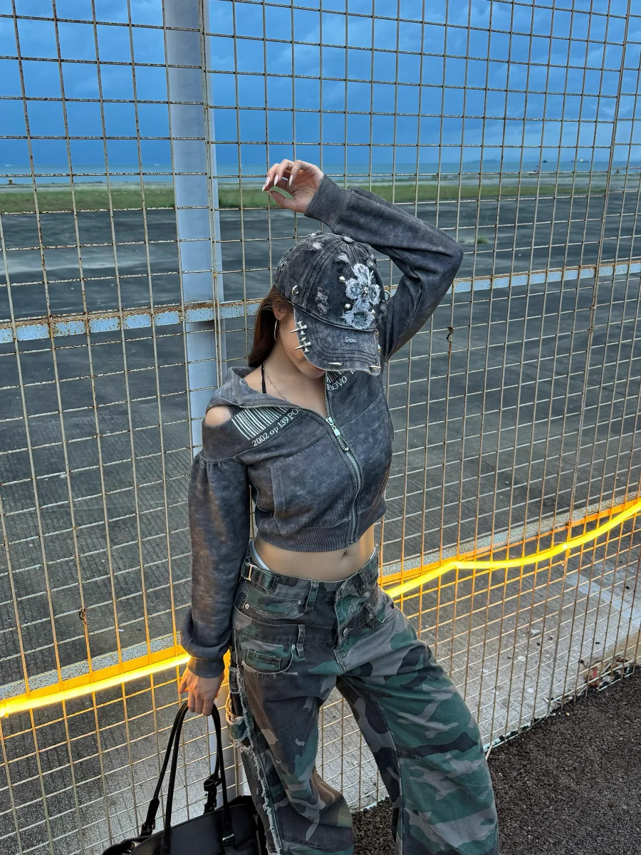 

Кардиган-топ Caiii в американском ретро-стиле с капюшоном, молнией и открытыми плечами, дизайнерский, с эффектом высококачественного материала