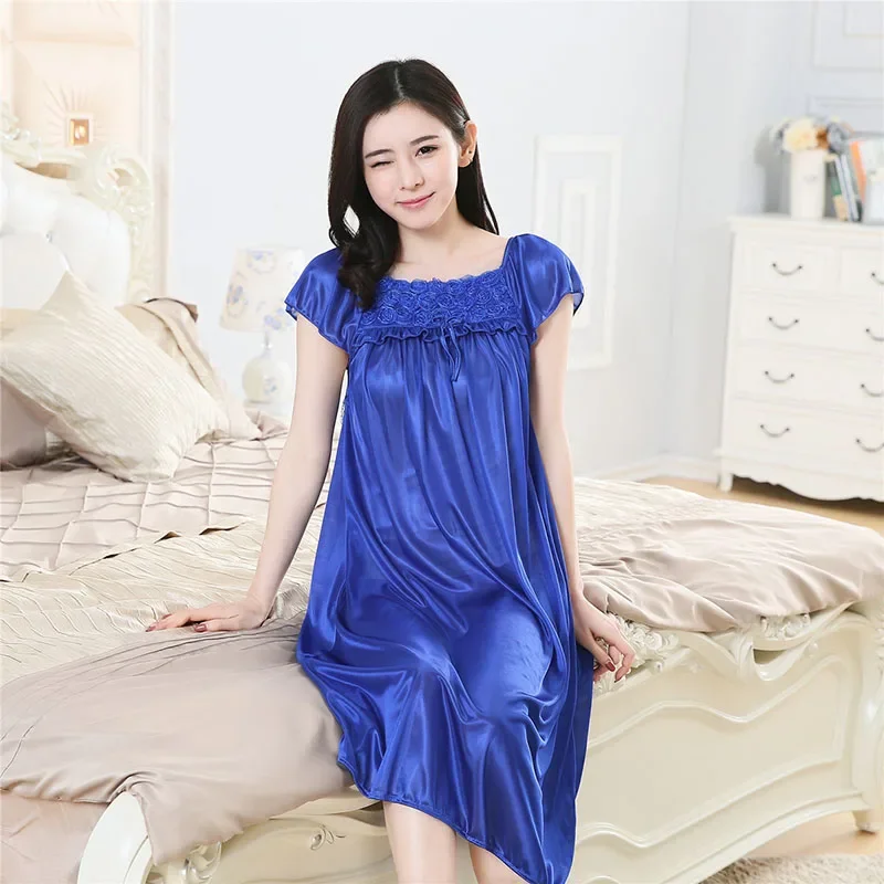 YINSILAIBEI Rose Women's Sexy Sleepwear Plus Size Ice Silk Satin Night Dress Nightgown Female Lingerie Dress Sexy Nightwear