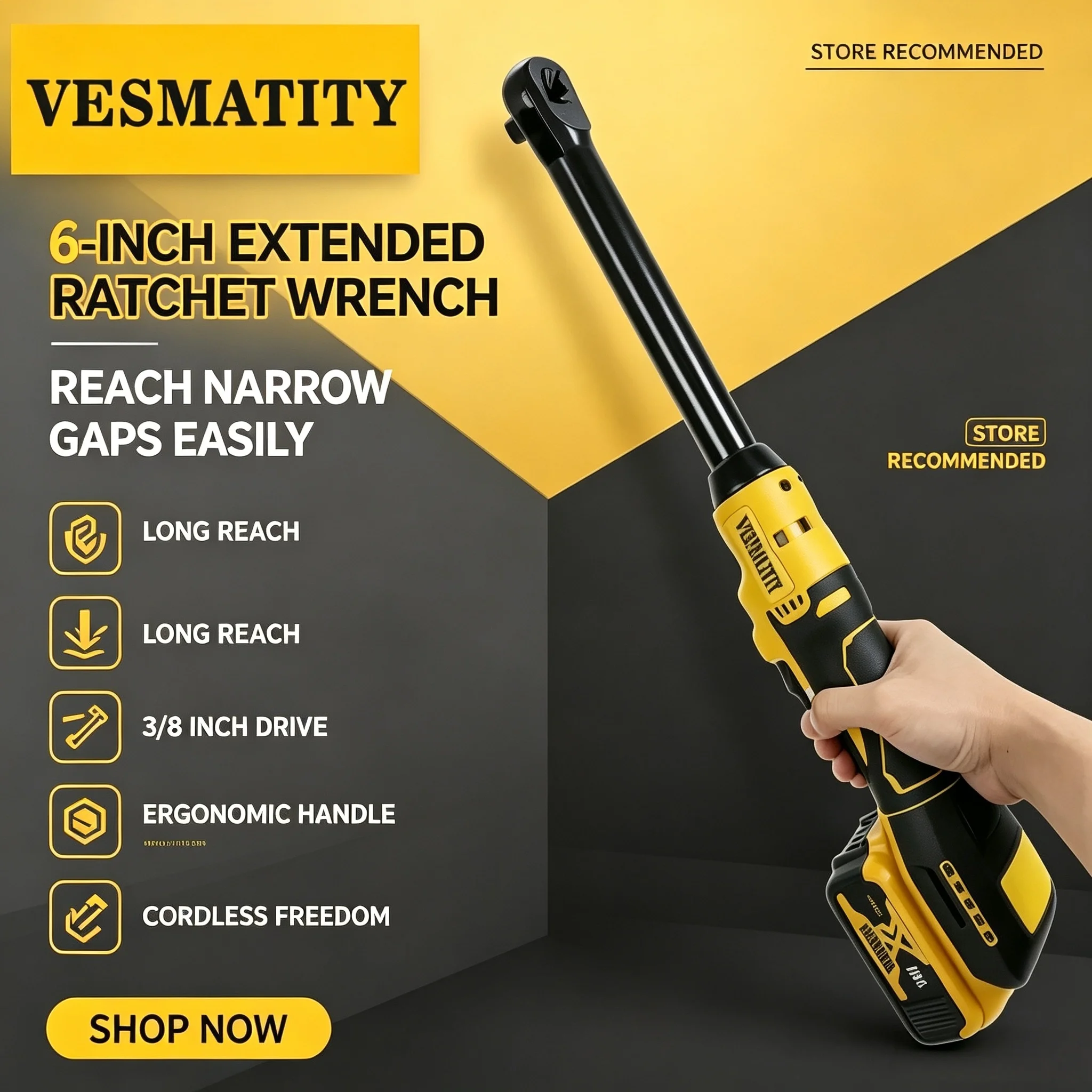 Disassembly Nut Drive Tool VESMATITY Professional Cordless Ratchet Wrench 6-inch 3/8 Extension Head 220N.m for 20V Battery