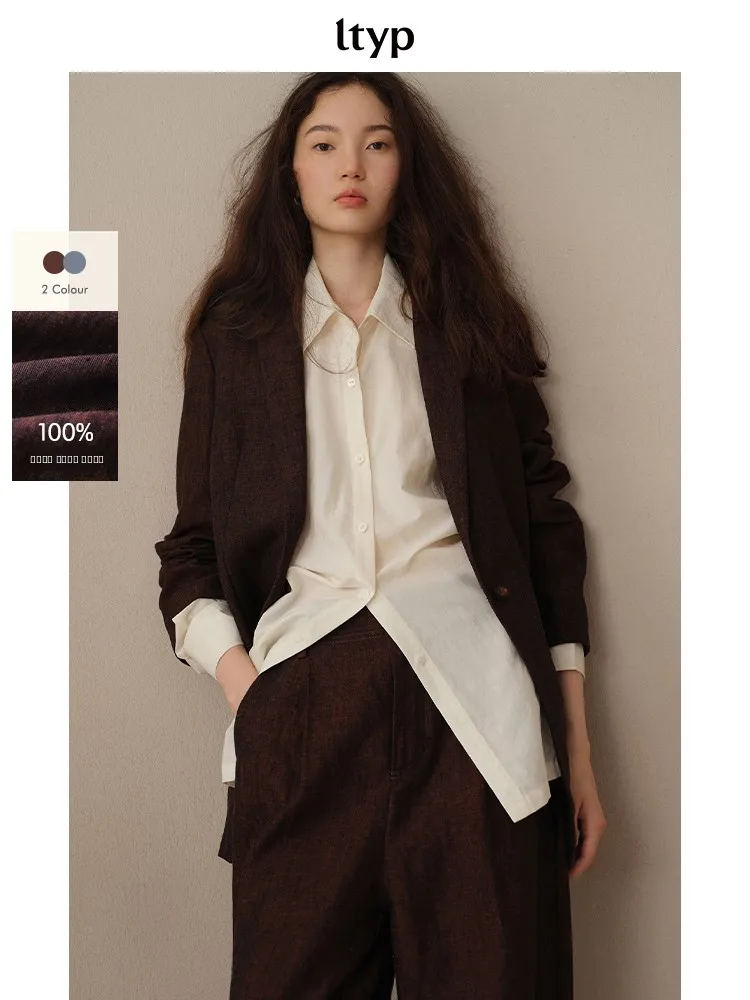 

Travel Original 00 Colors Woven Linen Leisure Suit Jaet Women Spring Season Pure Linen Fabric Long Sve Single Button