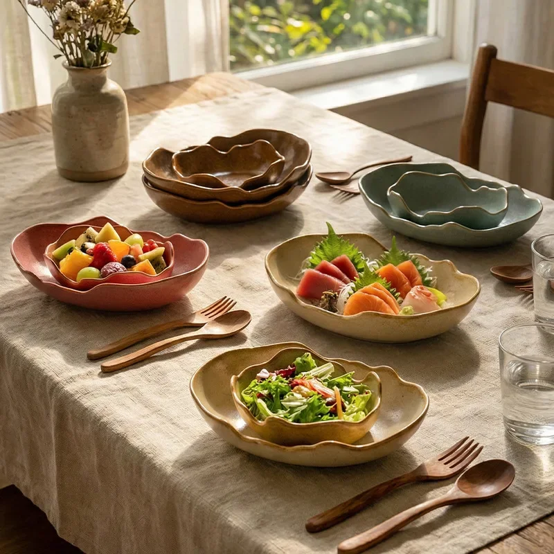Creative Irregular Pink Ceramic Deep Plate Kiln-Changed Oval Steak Pasta Dish for Home Kitchen Dining Table