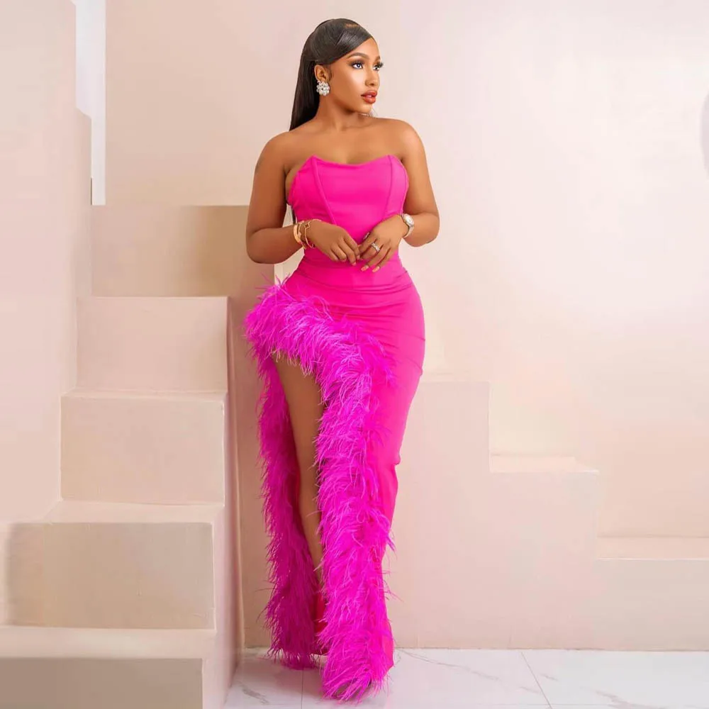 Hot Pink Fuchsia Prom Dresses Sweetheart High Slit Feathers Evening Party Gowns Black Girls Birthday Dress For Photos