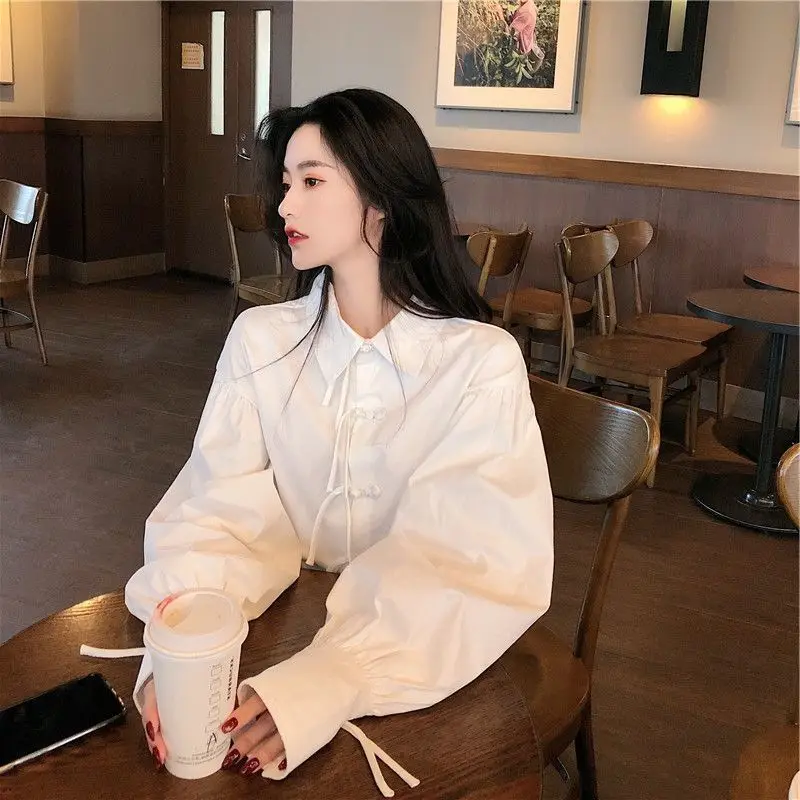 

Casual Korean Loose Temperament Puff Long Sleeve Women Clothes Y2k Aesthetic Simple Solid Chic Nuttons Design Blouse Preppy Tops