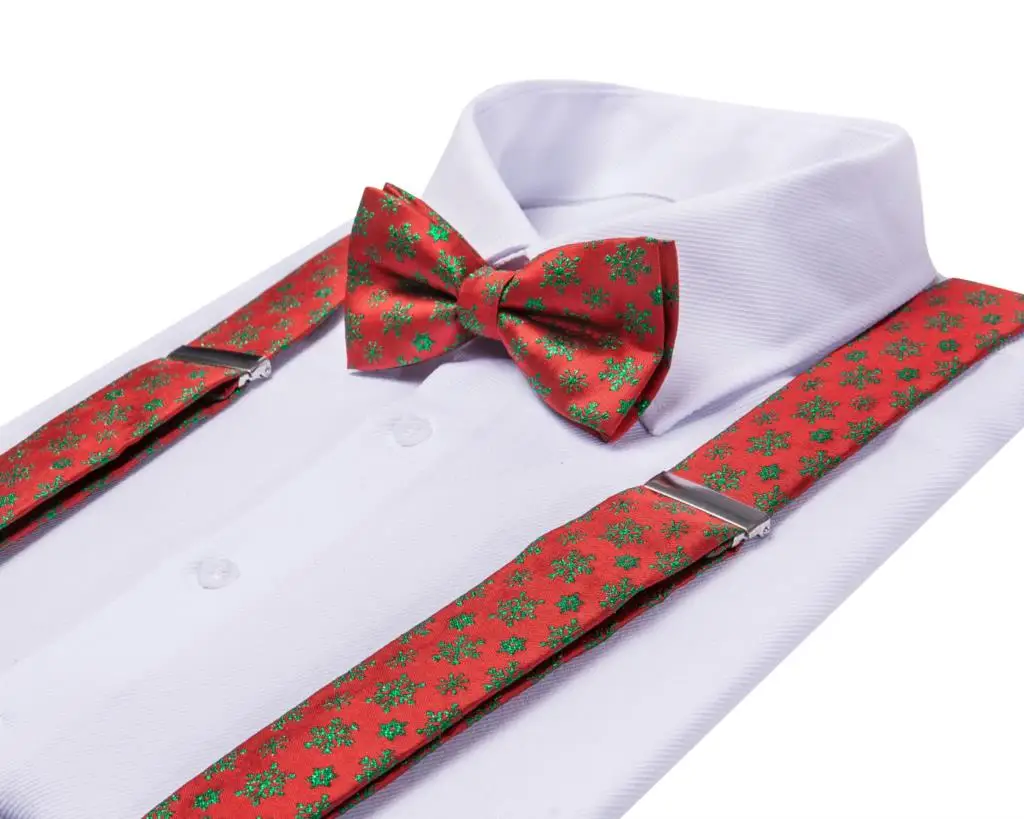 Hi-Tie-corbata de seda roja y verde para hombre, suspensorio de Navidad, gemelos de pañuelo, Clip ajustable, Brace de Navidad para boda masculina, venta al por mayor