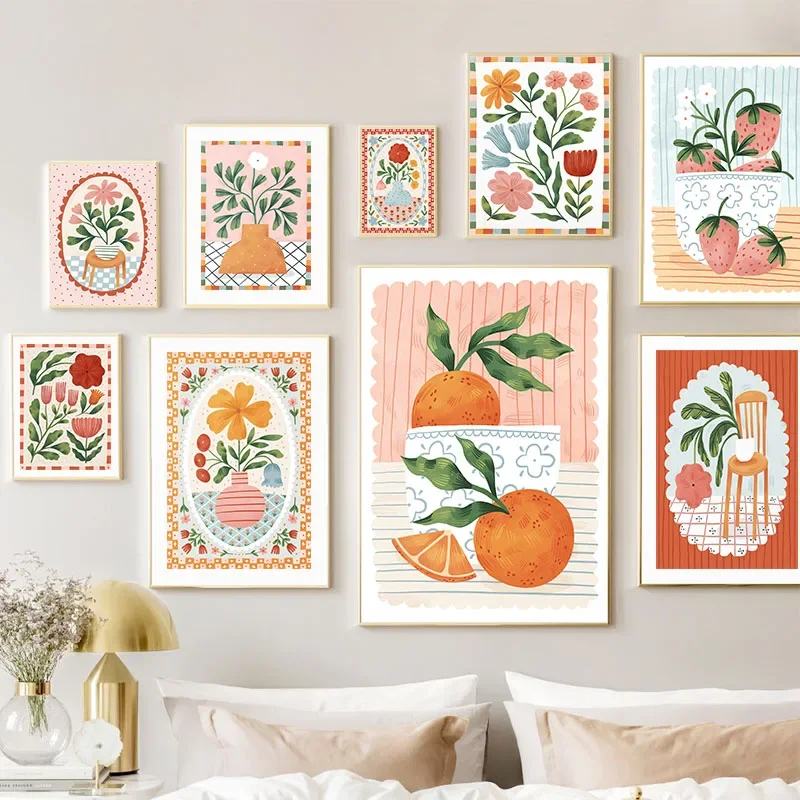 Canvas Painting Flores, Frutas, Naranja, Fresa, Plantas, Arte De Pared Para Guardería, Pintura En Lienzo, Carteles Nórdicos E