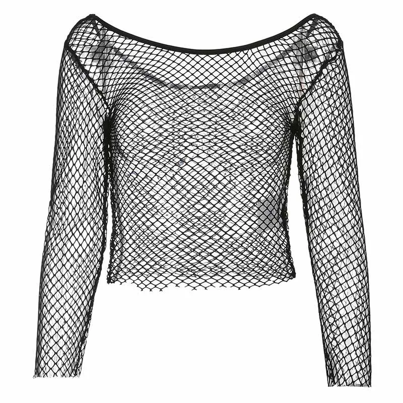 Goth Fishnet Grunge Mall Gothic Women\'s Sexy T-shirts Punk Black White Transparent Basic Crop Tops Skinny Fashion Clothing Alt