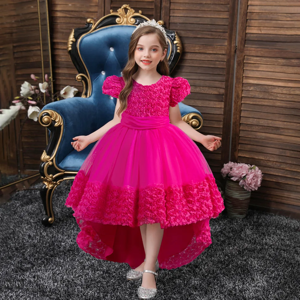 Girl\'s 3D Flower Carved Boutique Dress, Gorgeous Style Princess Dress With Tail, Wedding Party Birthday Party Prom Performance O