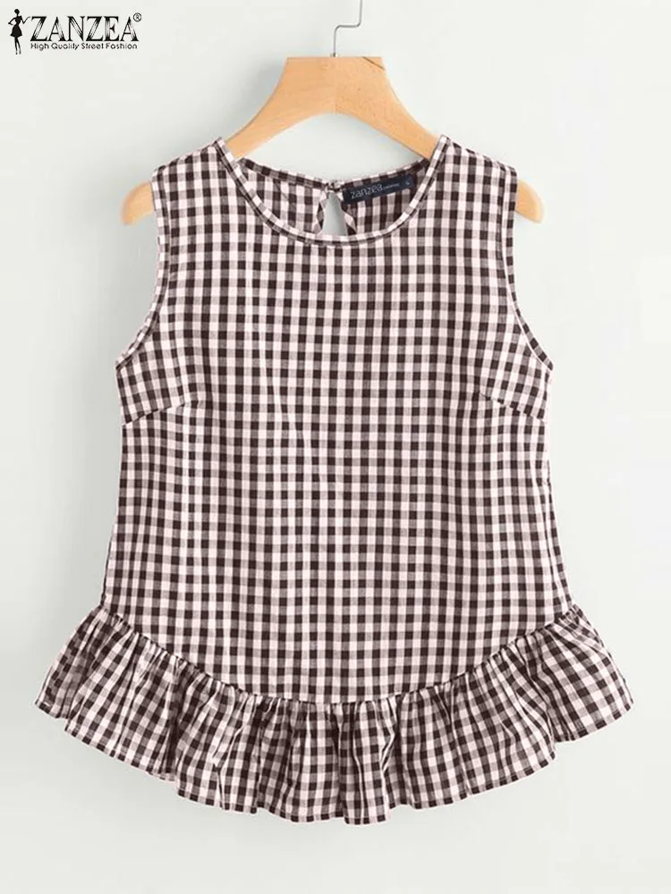 ZANZEA Fashion Women Sleeveless Blouse Vintage Casual O Neck Flounce Hem Shirt Holiday Blusas Summer Plaid Checked Tanks Tops