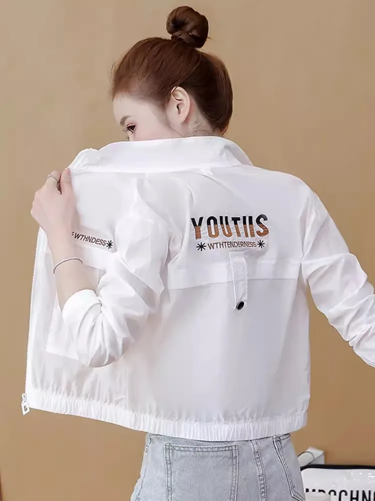 Sifon Putih Irt Pakaian Luar Tabir Surya Ringan Ukuran Kecil Baru Musim Panas Wanita Mantel Tipis Ritsleting Sve Panjang Tabung Lurus