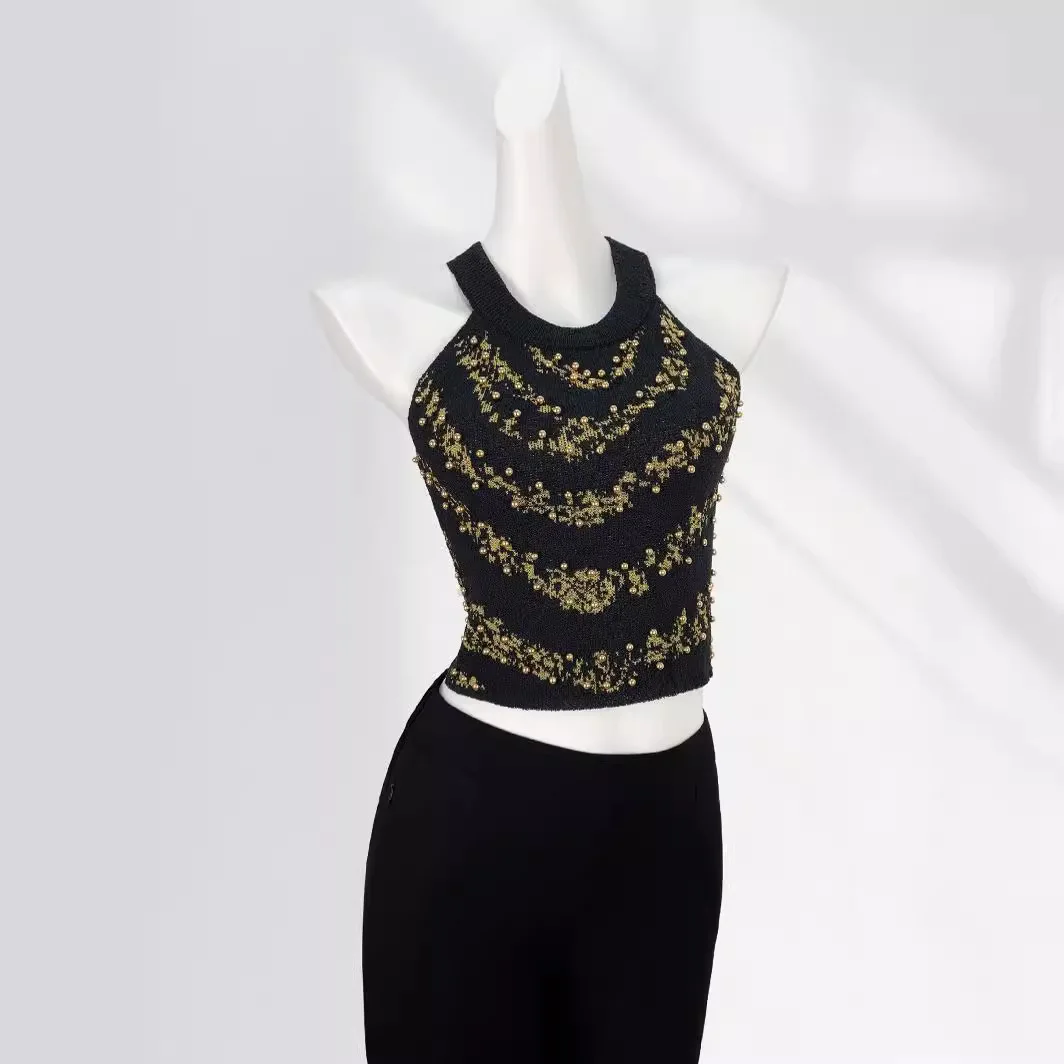 

Women's Halter Neck Top Backless Sequin Bead Embellished Blouse Elegant Evening Wear for Parties Dates