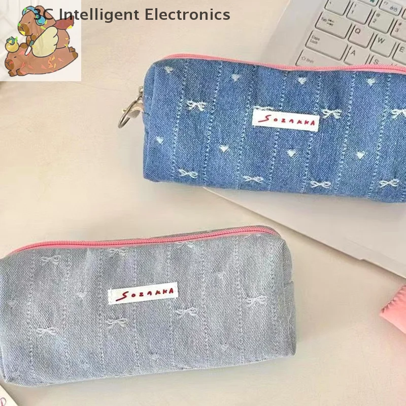 Ins Style Denim Pencil Case Cute Multi Functional Large Capacity Stationery Organizer Storage Bag Student Pen Bag Makeup Bag