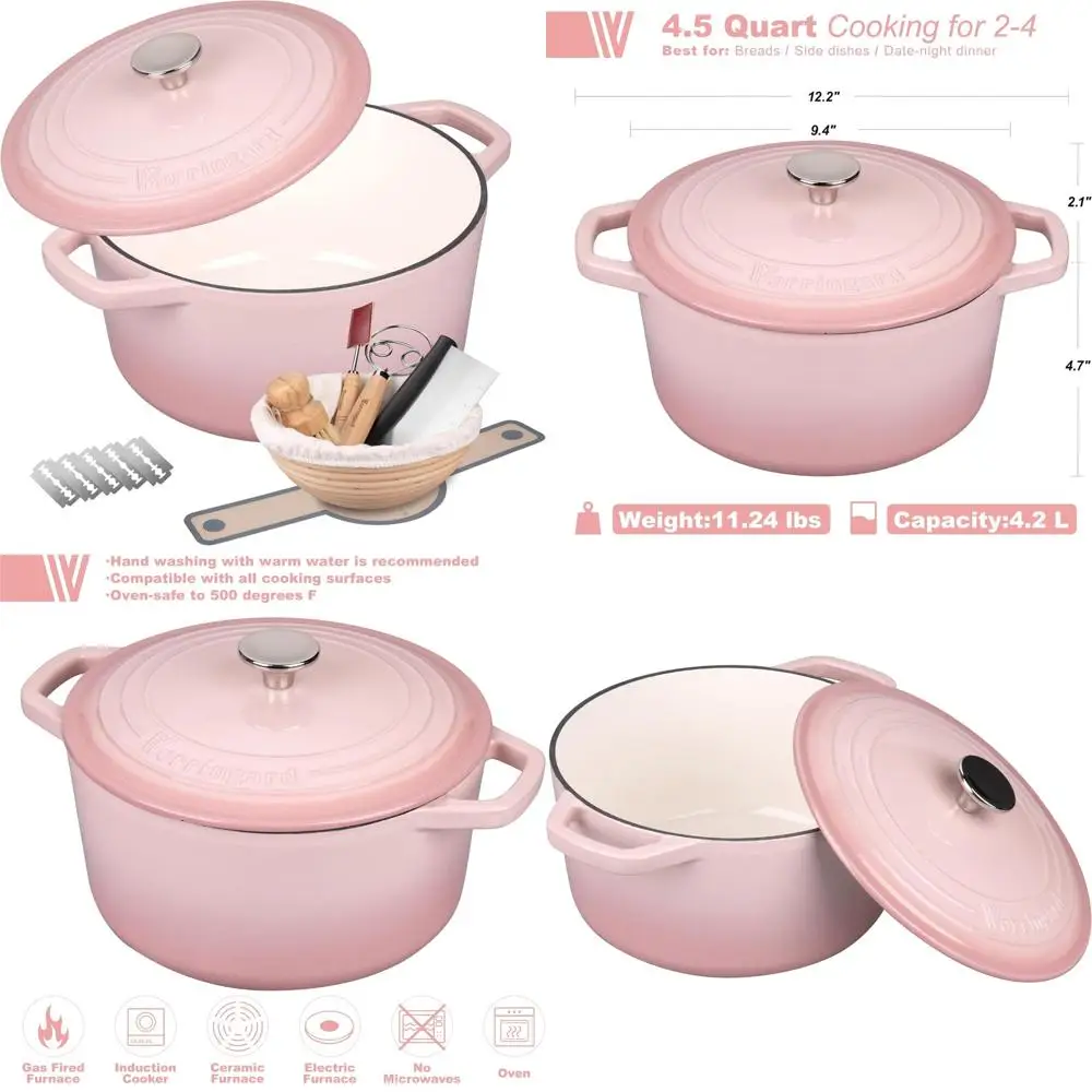 

Голландский горшок для выпечки хлеба с крышкой, эмалированный чугун, круглый для запекания и дрожжей хлеба, 4,5 литра, полные принадлежности для выпечки