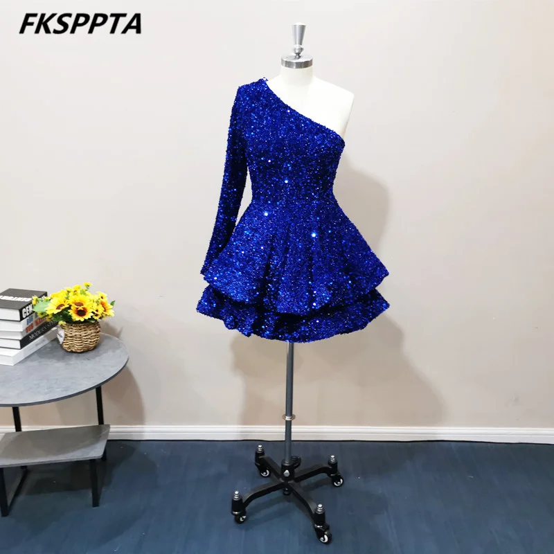 Sparkly Short Royal Blue Prom Dresses One Shoulder Long Sleeve Elastic Sequins Wedding Party Gowns Robe De Soiree