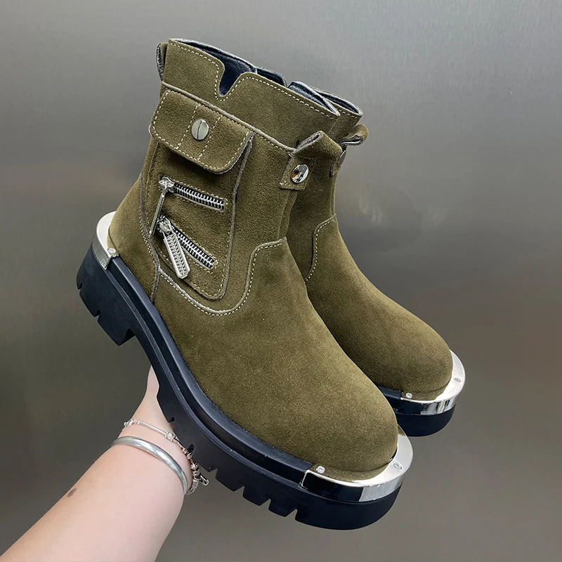 Advanced Fashion New Casual High Top Boots Side Zippe Metal Height Increase Anti Slip Personalized Frosted Youth MotorcycleBoots
