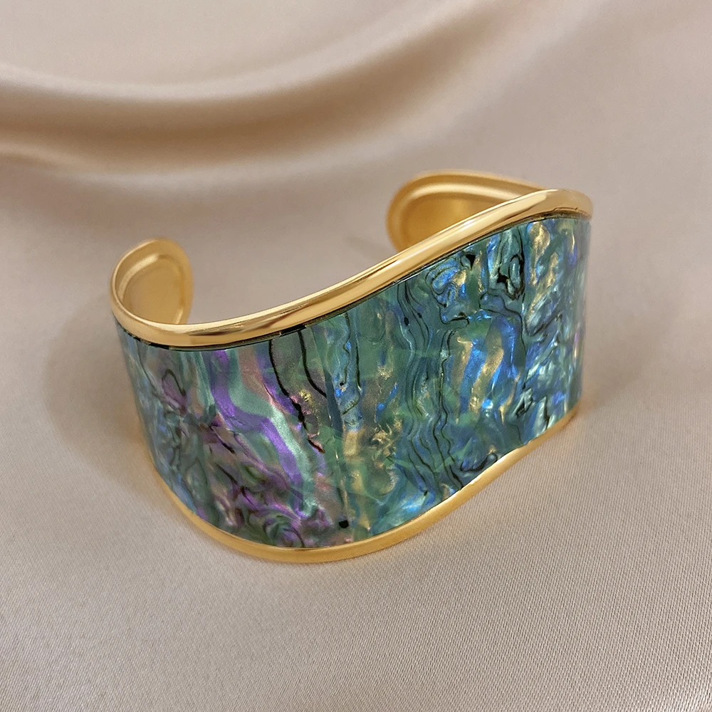 Greatera Wide-sided Gold Edge Open Bracelet White Shell Cracks Design Personality Irregular Geometry Stainless Steel Bangles