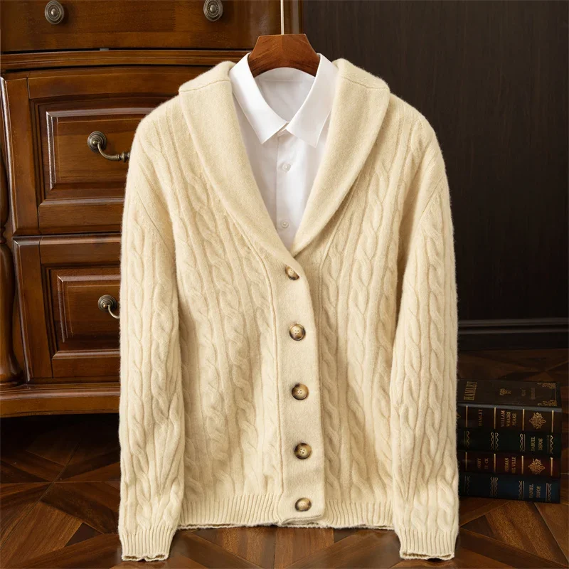 Cardigan bicolore a doppio filo ispessito in maglia a trecce da uomo autunno/inverno 100% cashmere Swe