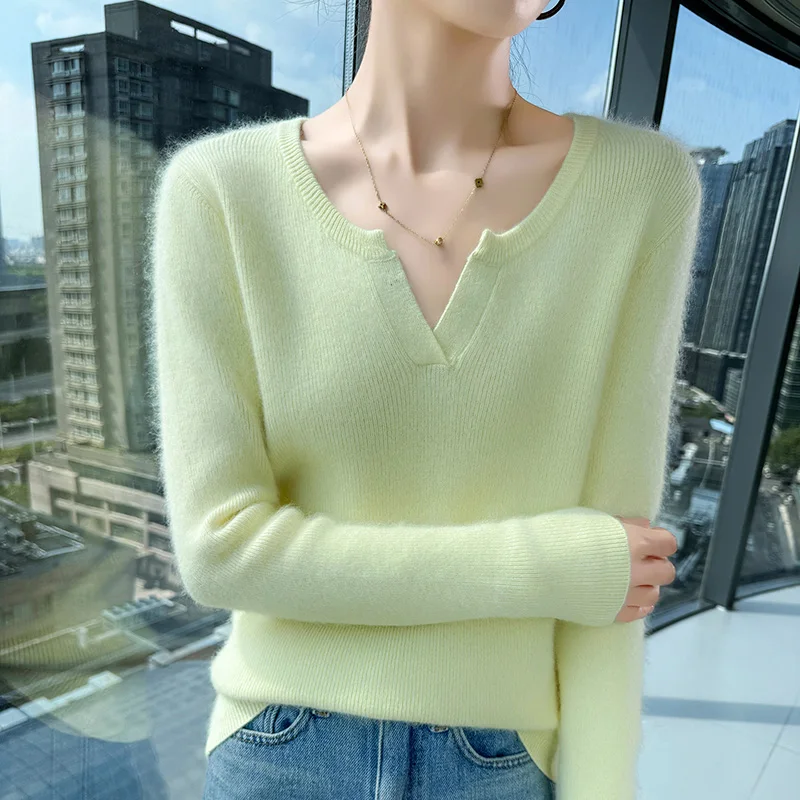 100% المنك الكشمير الخامس الرقبة المرأة البلوز سترة جديدة محبوك سليم صالح مثير الخريف والشتاء المرأة طويلة الأكمام قاعدة سترة