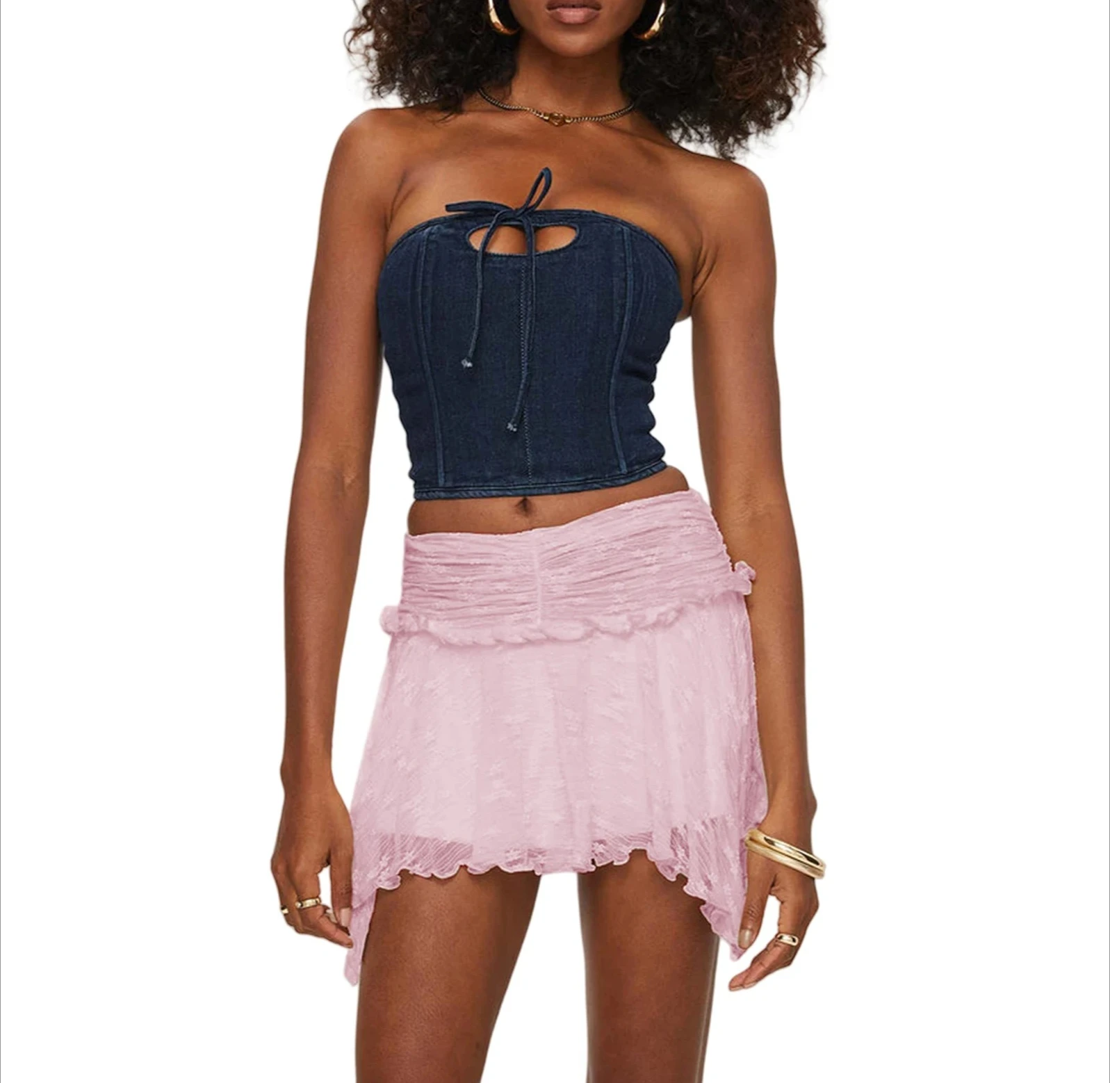 Women's Solid Color Gothic Mini Skirts Lace Ruched High Waist Skirts Spring Summer Irregular Hem Casual Skirts