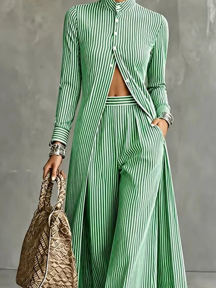 Elegnt Striped Print Pocket 2 Piece Suit Fashion Stand Collar Button Shirt & Pant Set Women Casual Long Sleeve Straight Outfits