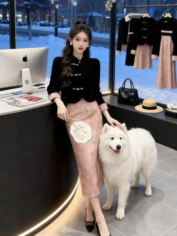 

New Chinese Style Retro Fashion Set Super Cute Short Top Half Skirt Two Piece Set Spring New Arrival Comfortable Cotton Shirt