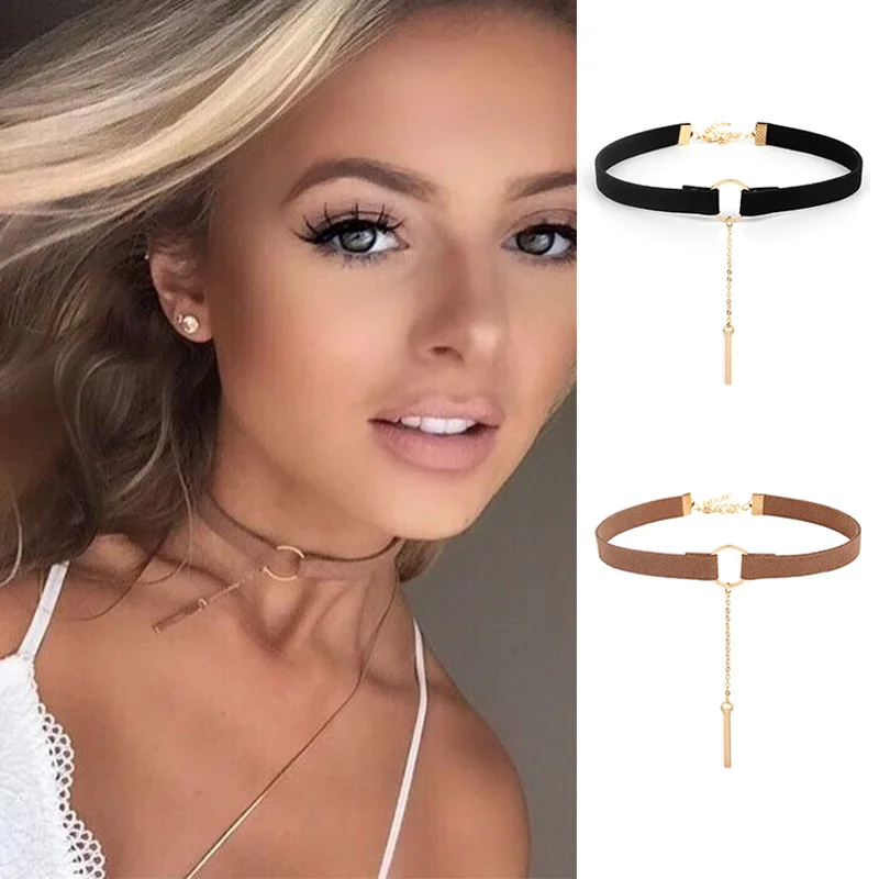 New Sexy Korean Velvet Choker Necklace Gold Color Tassel Chain Round Ring Collar Necklaces for Women Girls Jewelry Gift