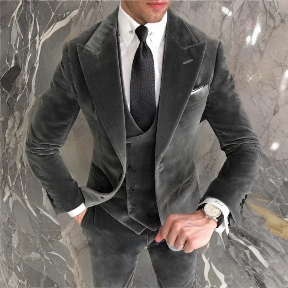 

Grey Velvet Suits for Men Business Slim Fit Custom Wedding Groom Tuxedo 3 Piece Fashon Costume (Jacket +Pants + Vest) 2023