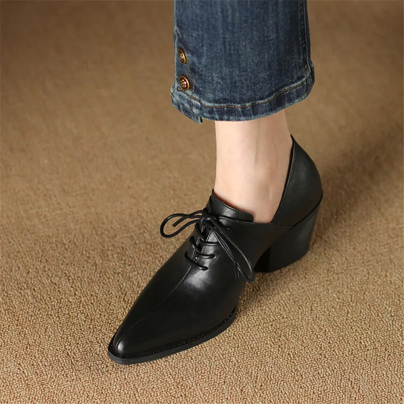 New Spring Genuine Leather Women Shoes Pointed Toe Women Pumps Fashion High Heel Loafers Shoes for Women Chunky Heel Shoes Black