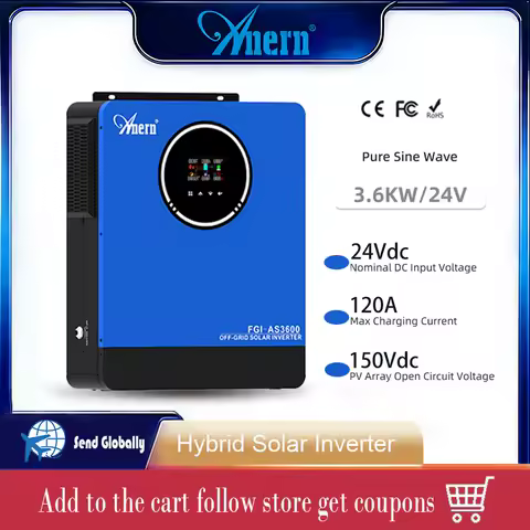 Anern 3.6KW 24V Hybrid Solar Inverter 110V Dual Output Off Grid Built in 120A MPPT Charge Controller Pure Sine Wave Inverters