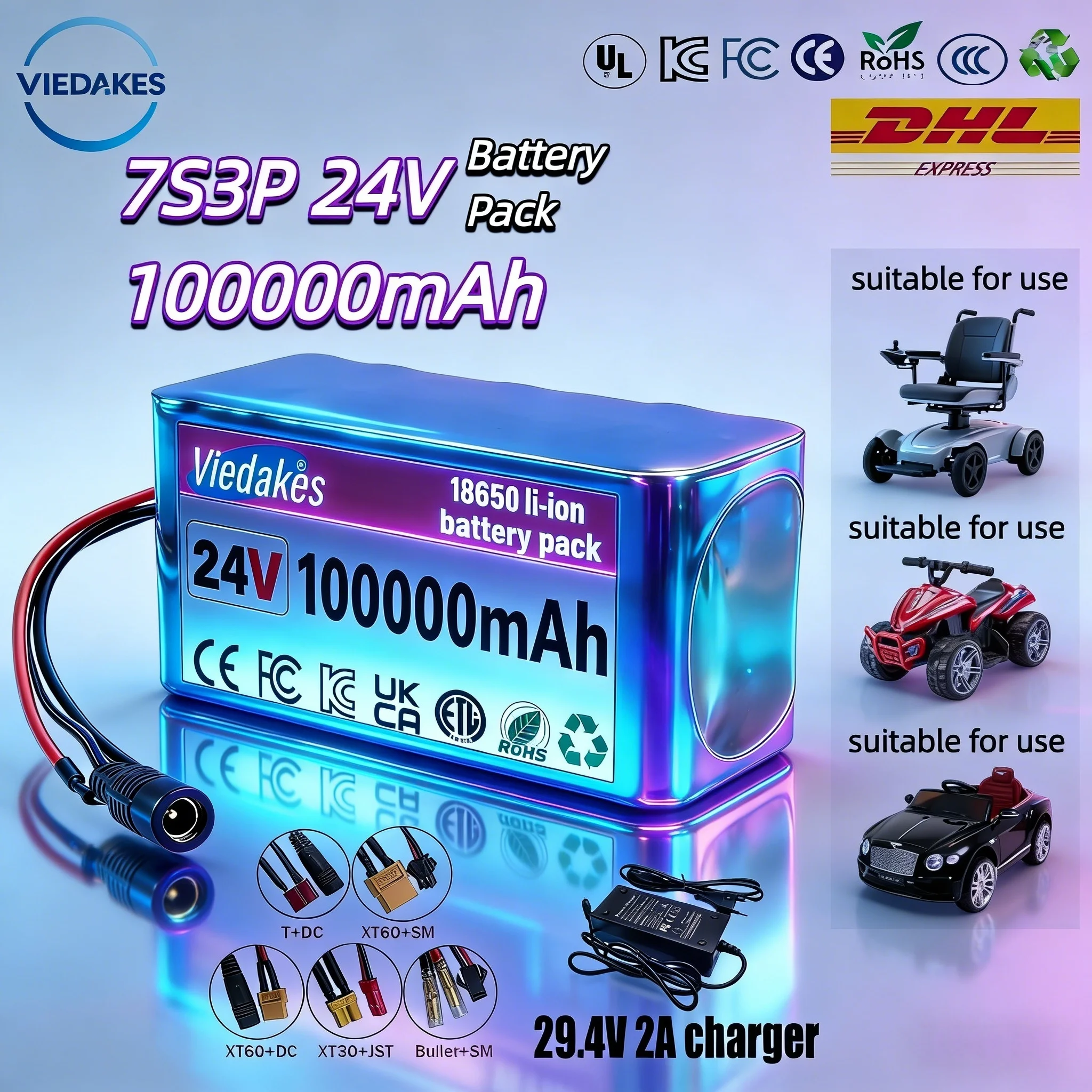 

24V 100Ah 7S3P Lithium Ion Battery 18650 with BMS for Wheelchair Toy Car E-scooter Moped