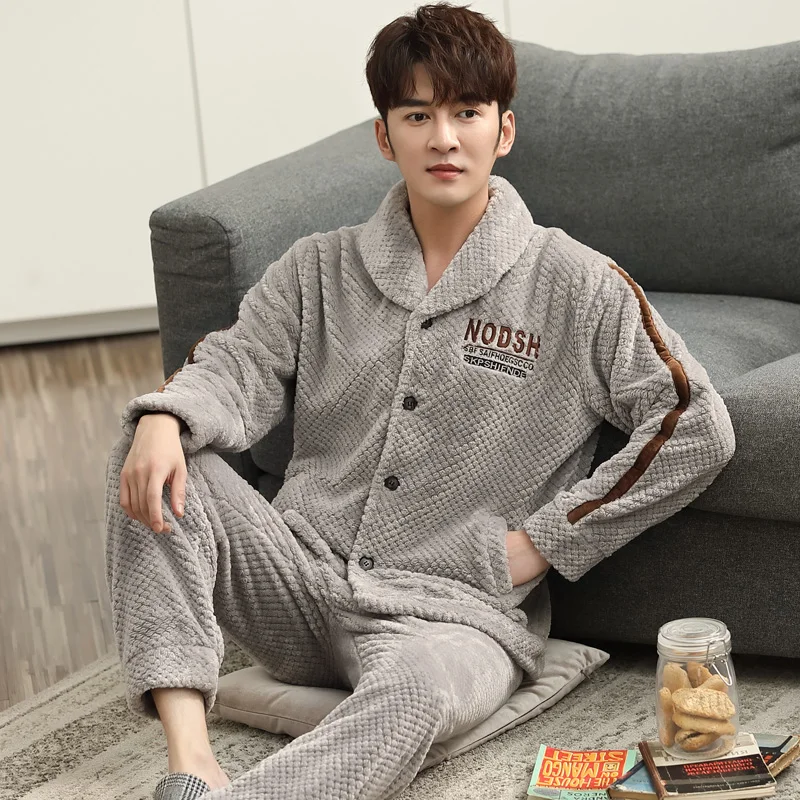Plus Size M-4XL Men Pajamas Set Winter Thicken Warm Flannel Pyjama Male Long Sleeve Turn-down Collar Sleepwear
