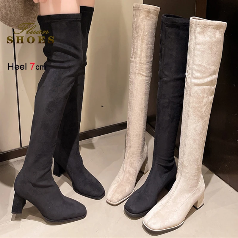 

Autumn Winter Black Apricot Women's Over-the Knee High Boots Sexy Square Toe Thick High Heels 5/7cm Ladies Long Boots Size 35-42