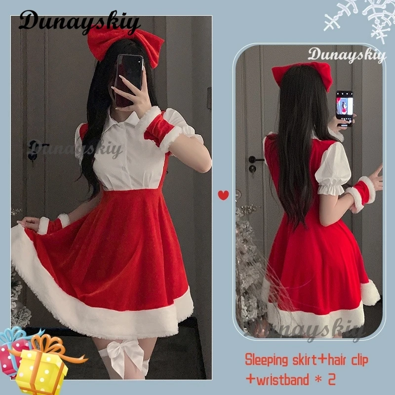 Disfraz de niña conejo Sexy de Navidad para mujer, bata de Papá Noel, traje de uniforme, vestido rojo de Navidad, lencería erótica, traje de pijama