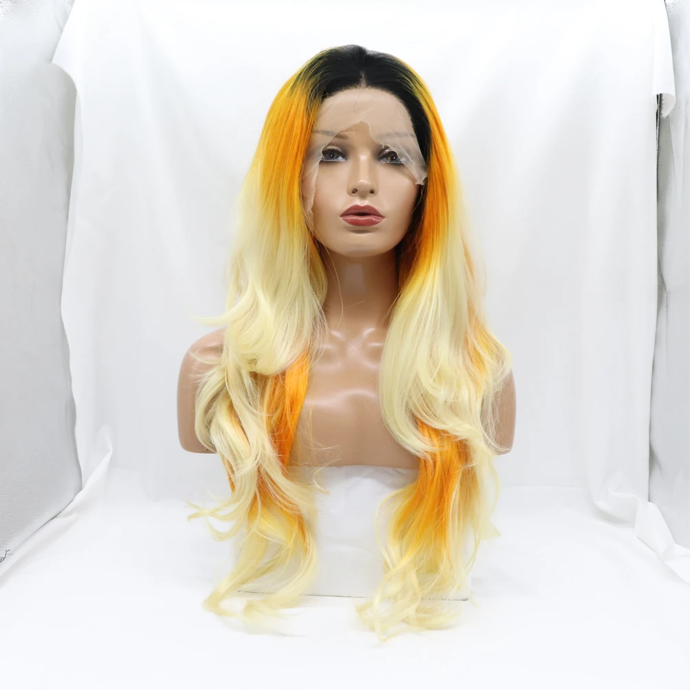 Long Wavy 3 Tone Lace Front Wig Black Root to Orange Mix Blonde Free Part Heat Resistant Fiber Synthetic Wigs for Women 24 Inch