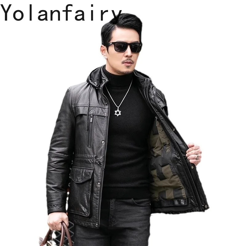 

YOLANFARIY New Genuine Leather Mens Jackets Short Style Cowhide Mens Winter Jacket Jaqueta Masculina Inverno Men Clothes Plush